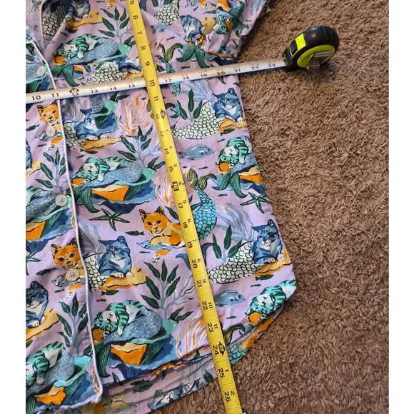 Printfresh meowing mermaids cat cotton sleep top button pajama shirt purple XS - Picture 4 of 4